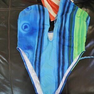blue and green one piece bathing suit